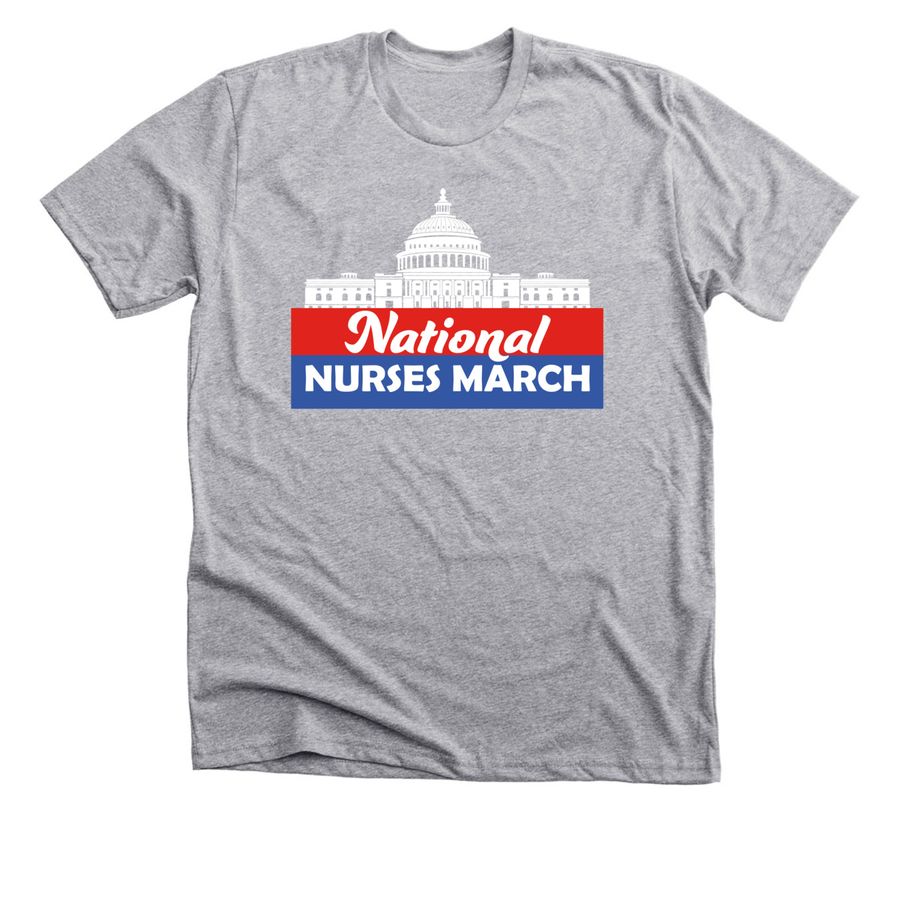 grey t-shirt with national nurses march logo and capitol building